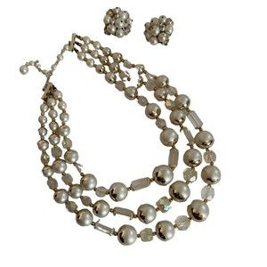 Vintage Faux Pearl Crystal Glass Triple Strand Necklace Earrings‎ Clip On Japan